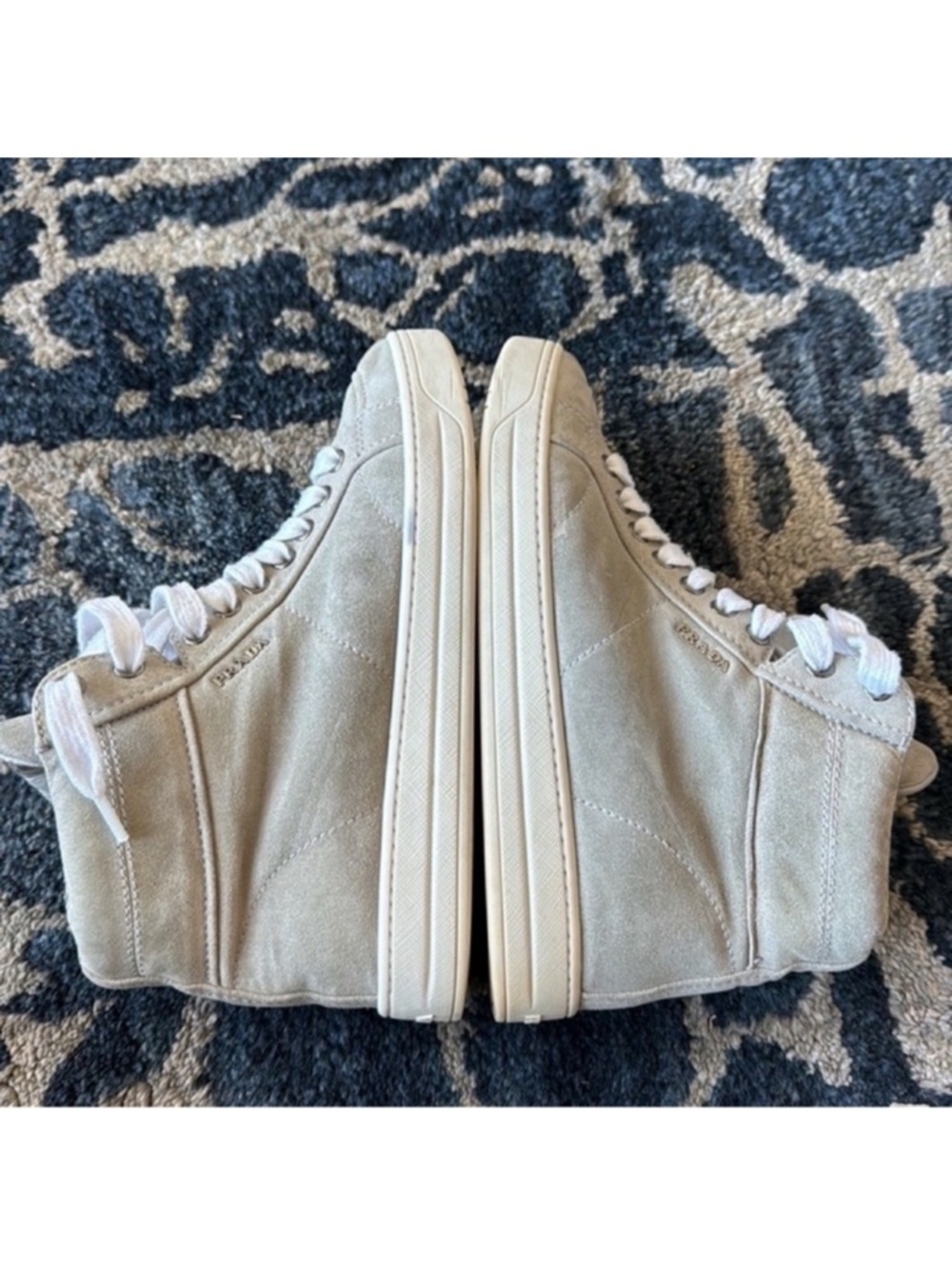 Prada Suede Leather High Top Sneakers Sz 6/36.5 Gray Logo Lace up Side Zipper - Picture 13 of 15